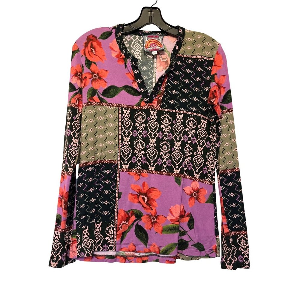 Johnny Was Zanda Split Neck Floral Patchwork Top XXS Rayon Blend
